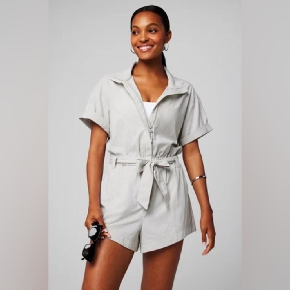 Fabletics Womens Medium Ripstop Onesie, Luna Grey, Lightweight, front-zip.